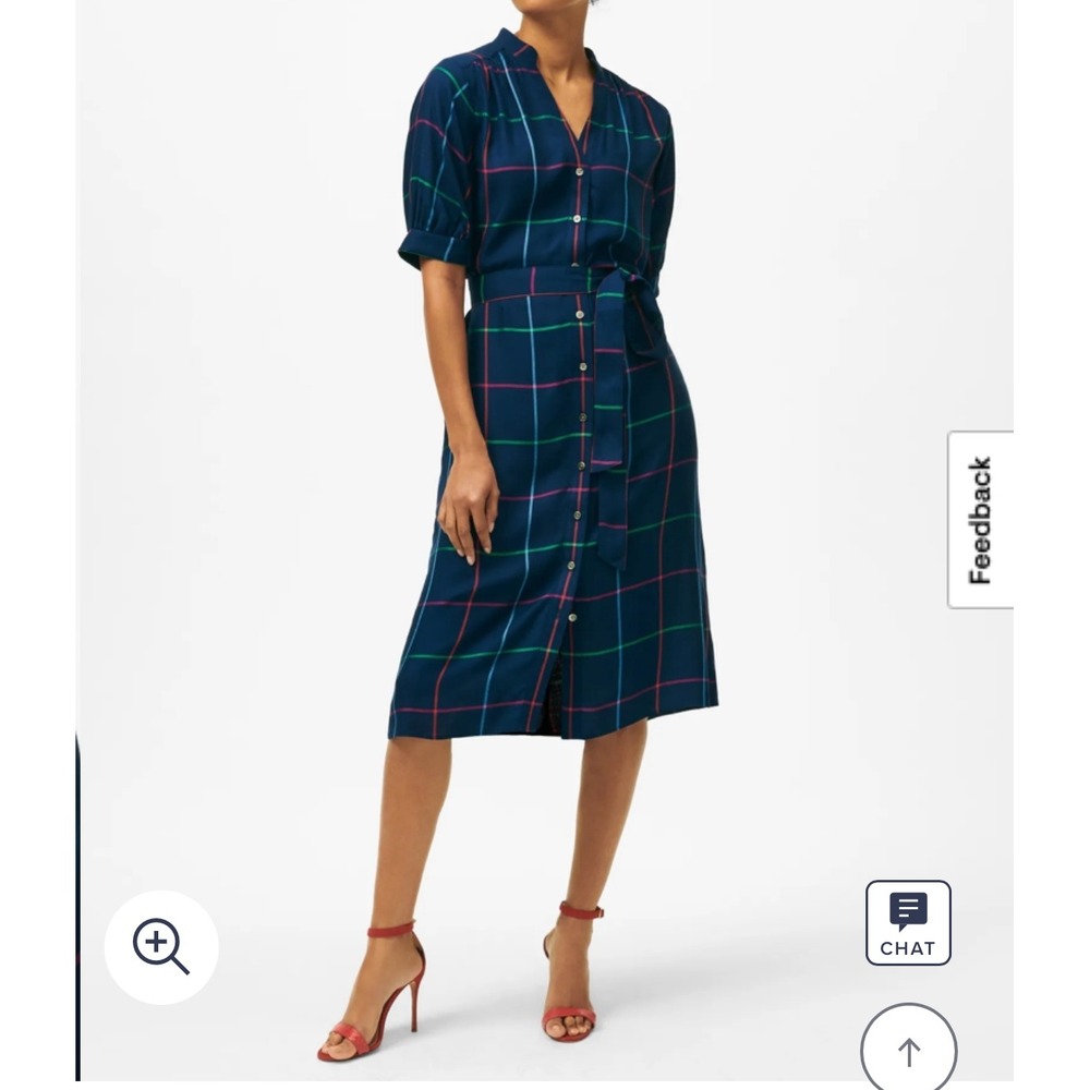 Brooks Brothers Puff Sleeve Belted Windowpane Shirt Dress 10 Navy Pockets